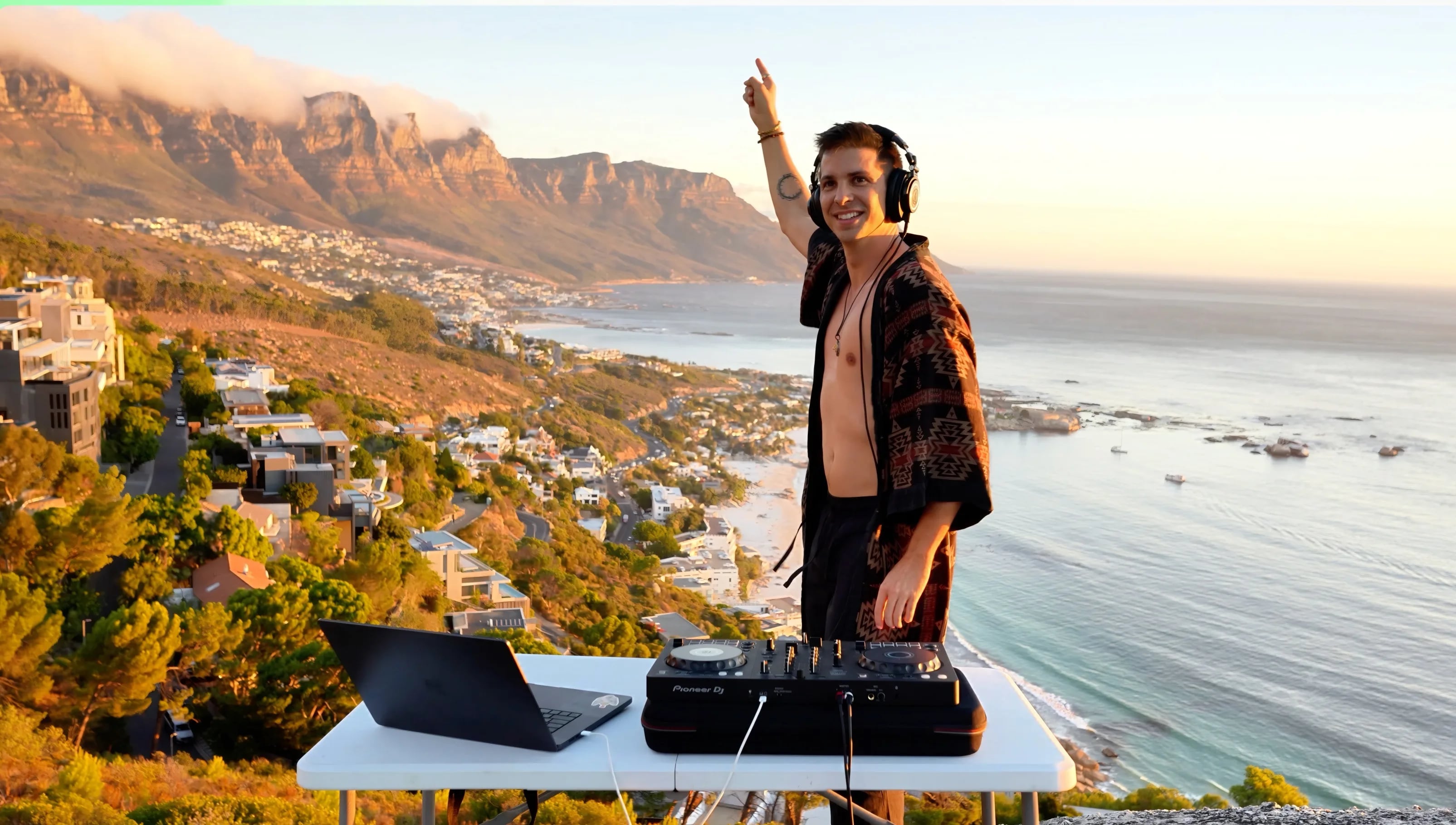 Mike Mana DJing at sunset over the ocean