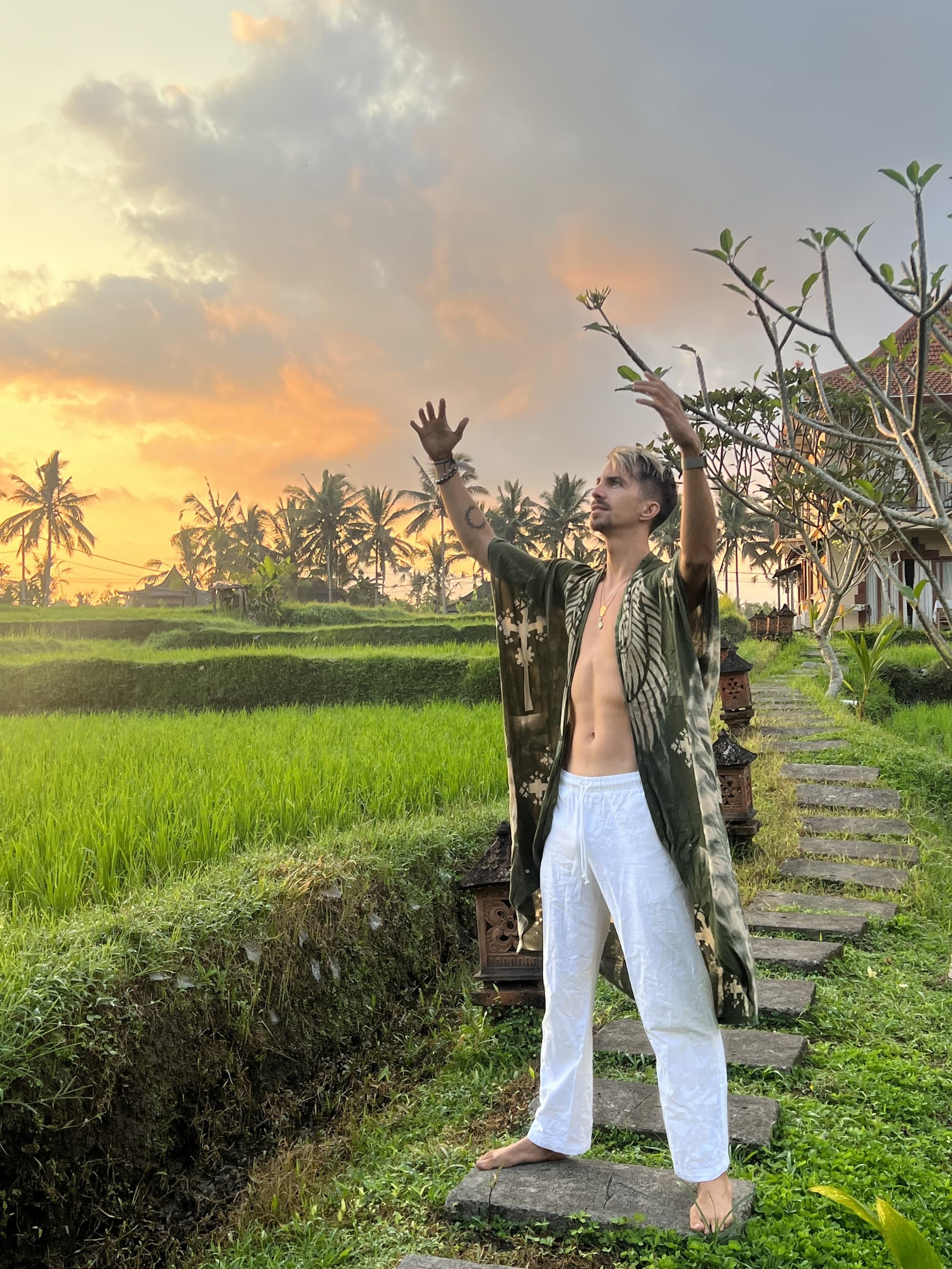 Mike Mana in the rice fields of Bali at sunset